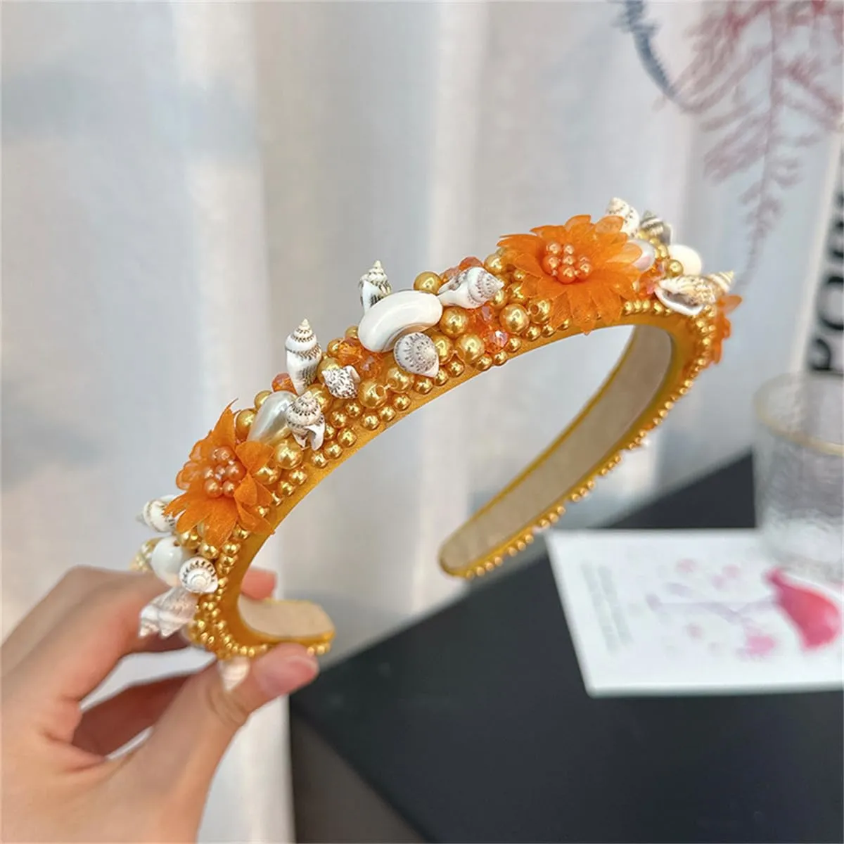 JILIYUPA Starfish Headband Pearl Bridal Hair Band Sea Shell Oyster Star Headband Star Glitter Starfish Sequin Hair Hoop Hair Piece Beach Wedding Hair Accessories for Women and Girls (Blue, Orange)