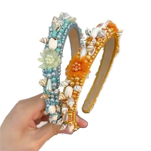 JILIYUPA Starfish Headband Pearl Bridal Hair Band Sea Shell Oyster Star Headband Star Glitter Starfish Sequin Hair Hoop Hair Piece Beach Wedding Hair Accessories for Women and Girls (Blue, Orange)