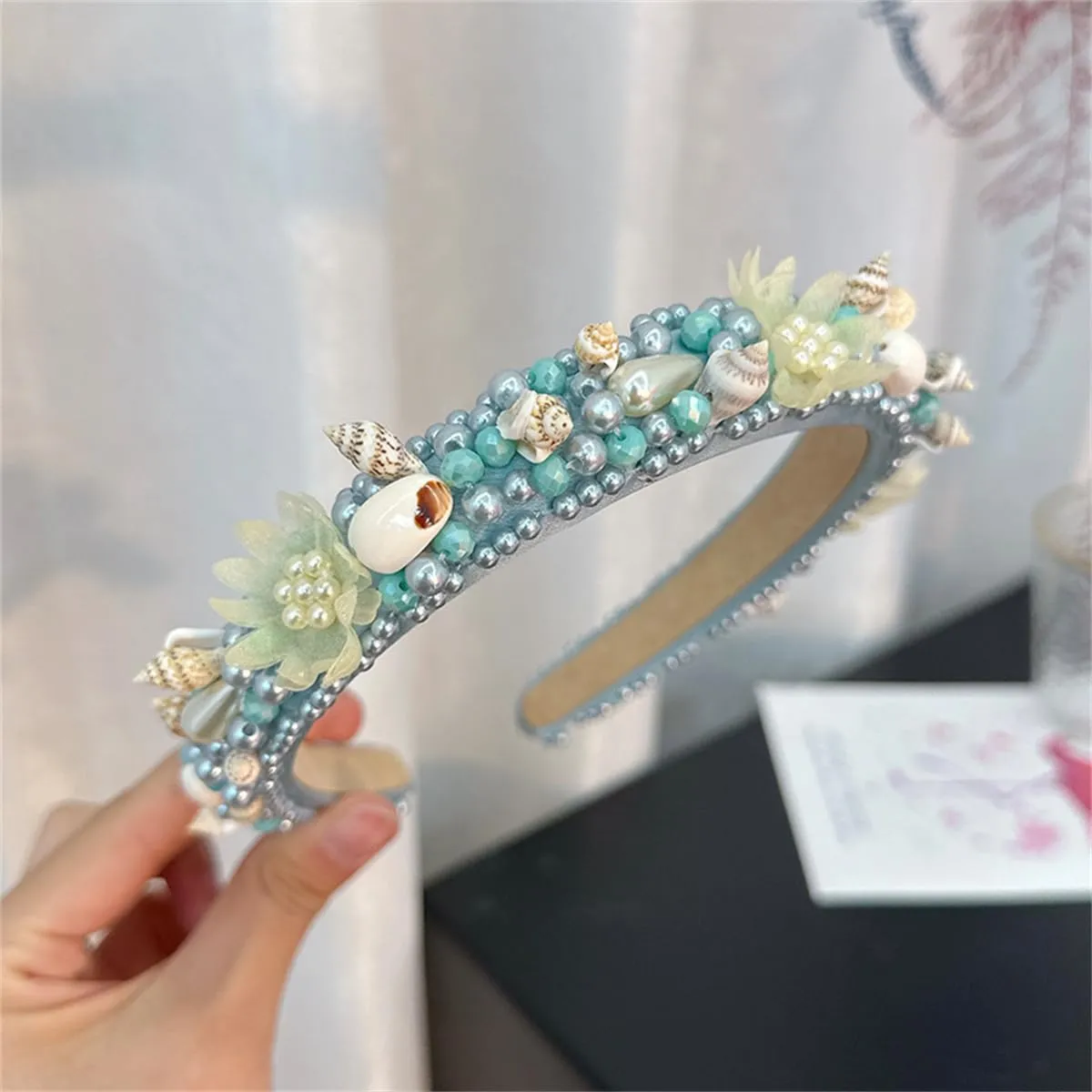 JILIYUPA Starfish Headband Pearl Bridal Hair Band Sea Shell Oyster Star Headband Star Glitter Starfish Sequin Hair Hoop Hair Piece Beach Wedding Hair Accessories for Women and Girls (Blue, Orange)