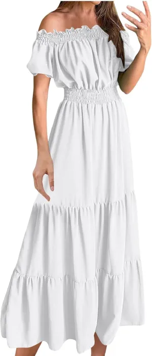 JOAU Women's Summer Off Shoulder Short Puff Sleeve Maxi Dress Casual Smocked Flowy Ruffle A Line Tiered Swing Beach Dresses