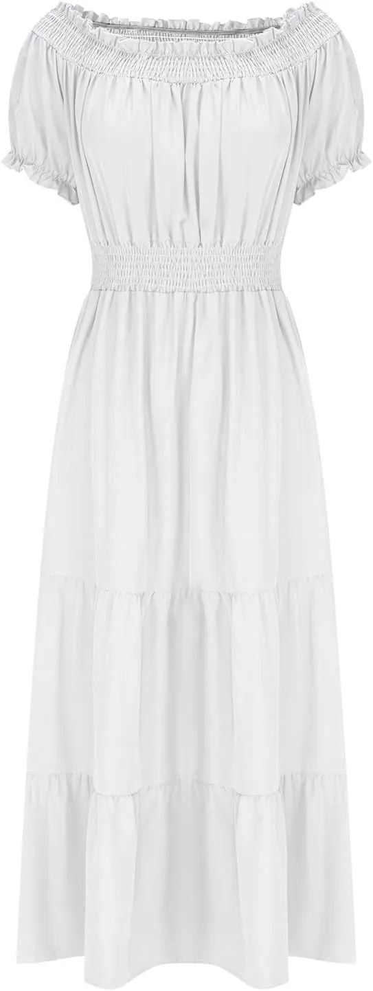 JOAU Women's Summer Off Shoulder Short Puff Sleeve Maxi Dress Casual Smocked Flowy Ruffle A Line Tiered Swing Beach Dresses