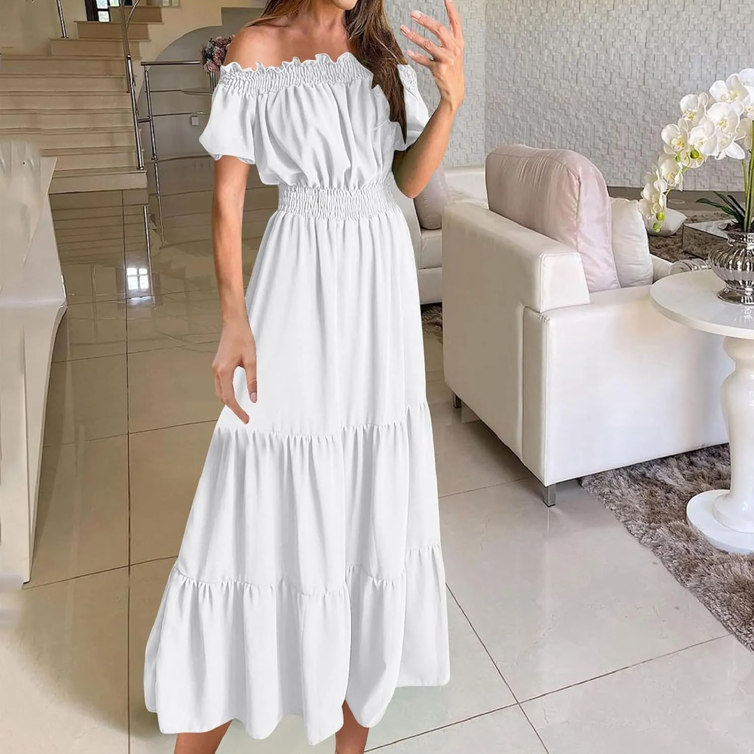 JOAU Women's Summer Off Shoulder Short Puff Sleeve Maxi Dress Casual Smocked Flowy Ruffle A Line Tiered Swing Beach Dresses