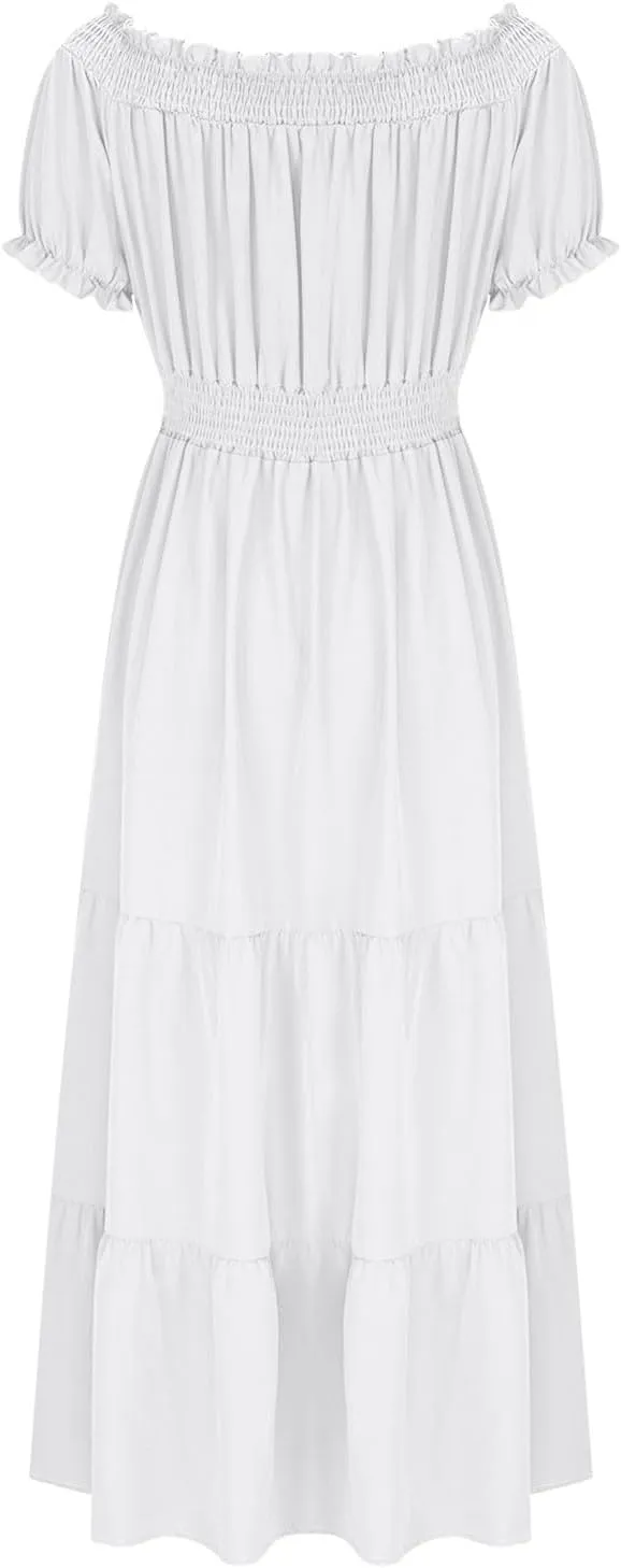 JOAU Women's Summer Off Shoulder Short Puff Sleeve Maxi Dress Casual Smocked Flowy Ruffle A Line Tiered Swing Beach Dresses