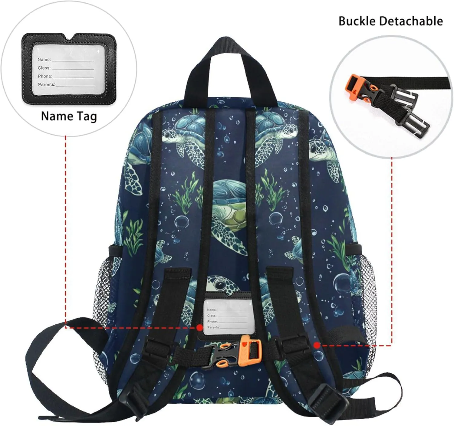 JUNZAN Cartoon Brazilian Turtle Navy Blue Kid Backpack Bottle Pockets School Backpack for Toddlers Books Bag for Camping