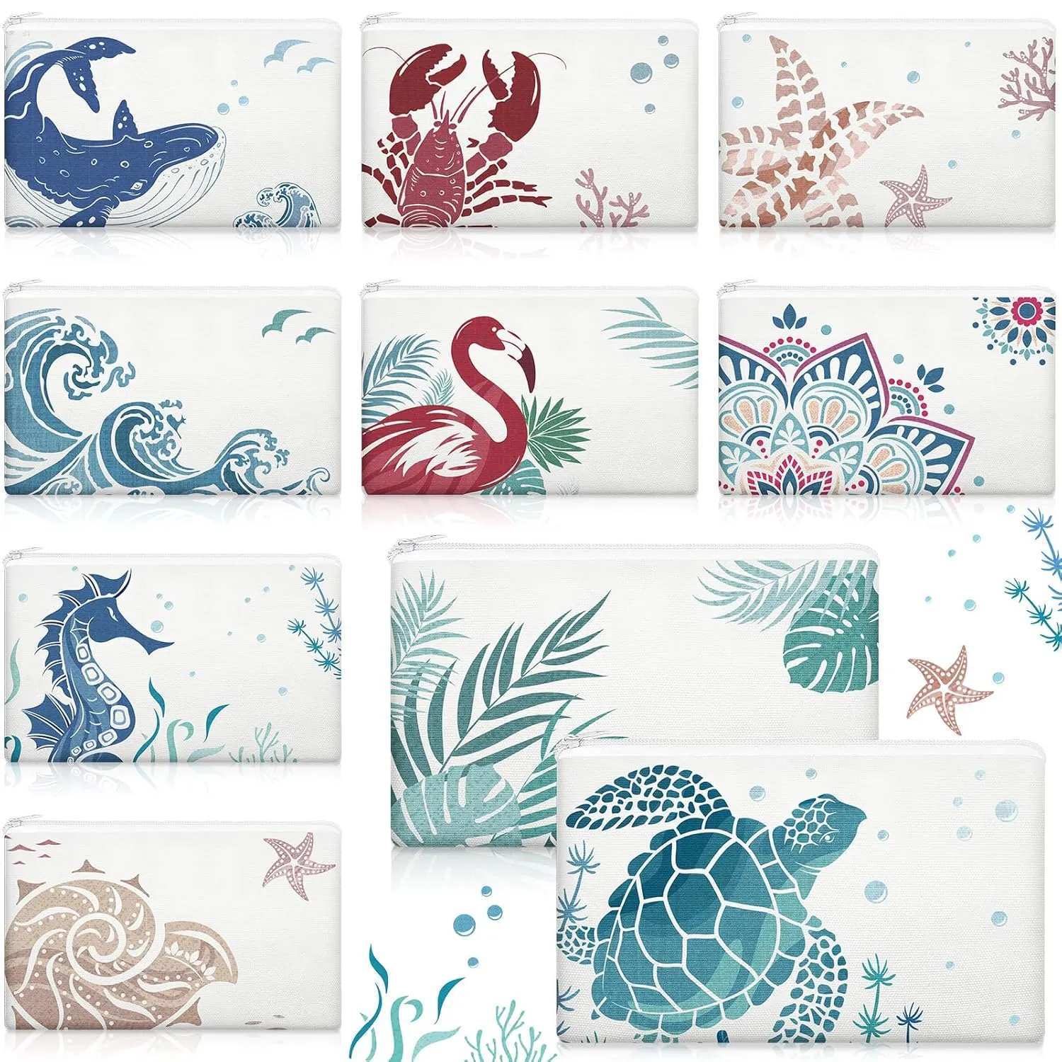 Kacctyen 10 Pcs Beach Themed Cosmetic Bags Bulk Zipper Pouch Makeup Bag for Women Bridesmaid Wedding Sea Summer Cruise Party Favors Gifts Beach Accessories