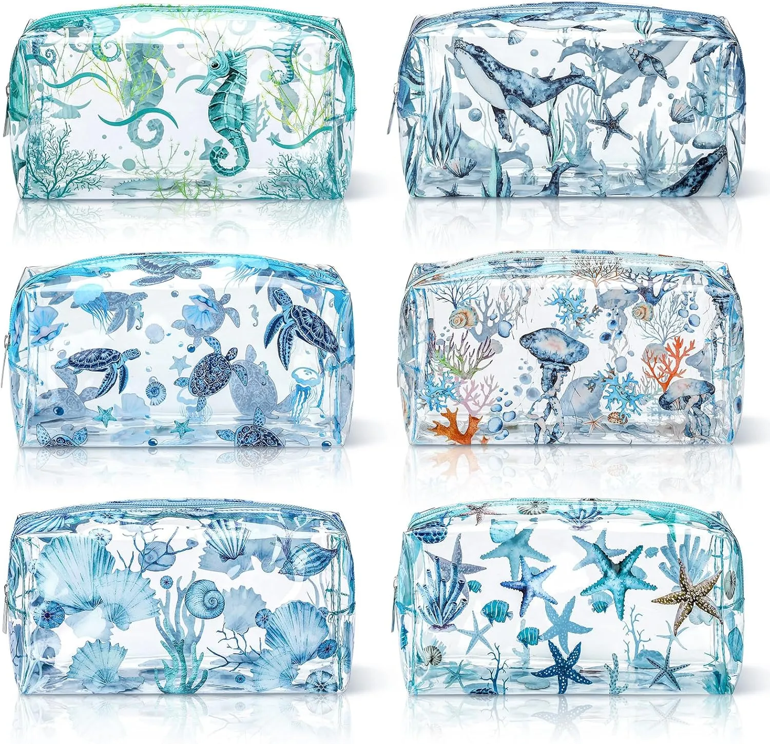 Kacctyen 6 Pcs Clear Makeup Bag Waterproof travel Cosmetic Thickened PVC Toiletry Beach Theme with Whale Starfish Turtle Ocean Sea Animals Print Beauty Cosmetic Makeup Bag Gifts