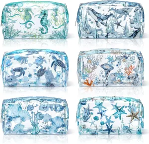Kacctyen 6 Pcs Clear Makeup Bag Waterproof travel Cosmetic Thickened PVC Toiletry Beach Theme with Whale Starfish Turtle Ocean Sea Animals Print Beauty Cosmetic Makeup Bag Gifts