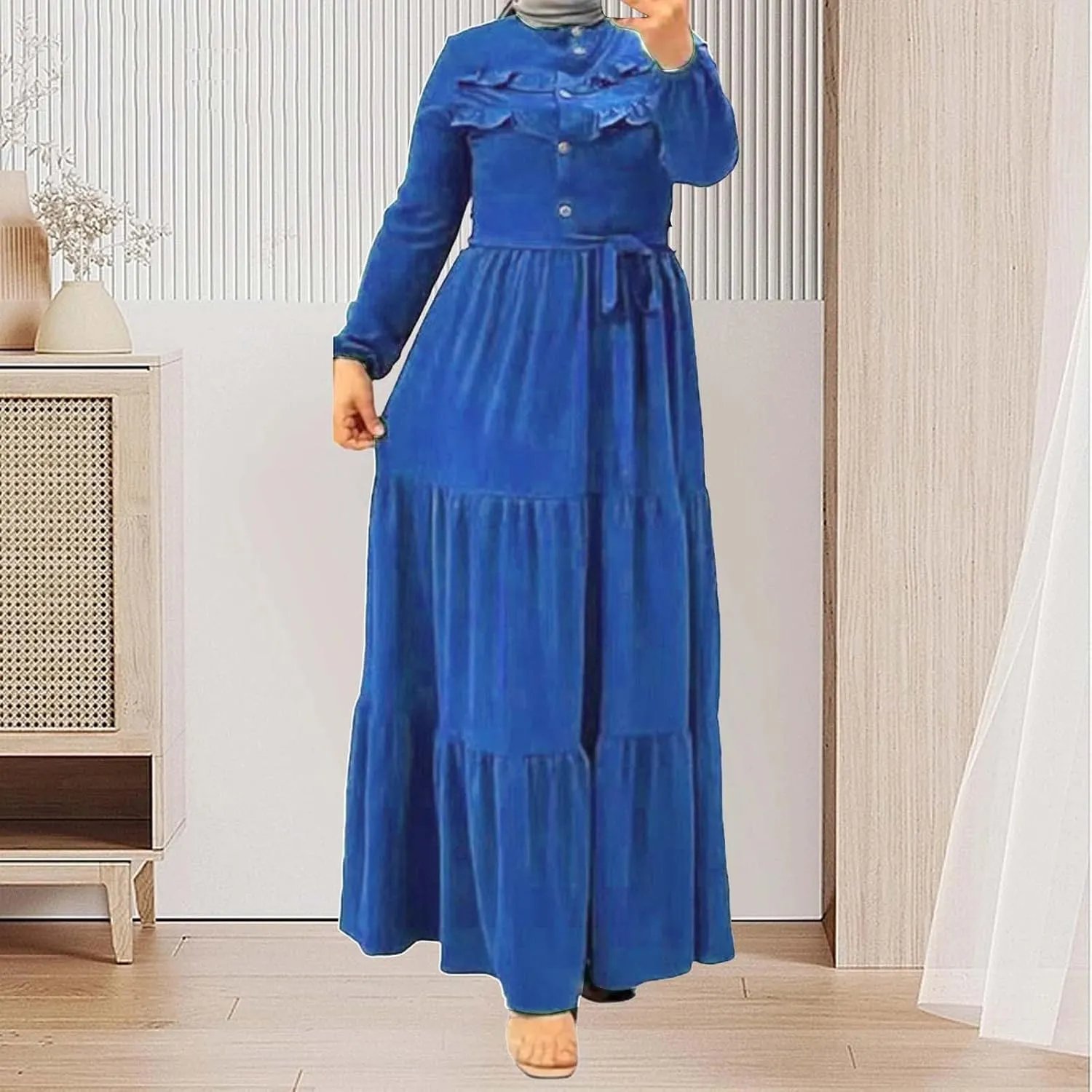 Kaftan Dresses for Women Button Up Long Maxi Dress with Belt Ramadan Abaya Long Gown Long Sleeve Pakistani Clothes