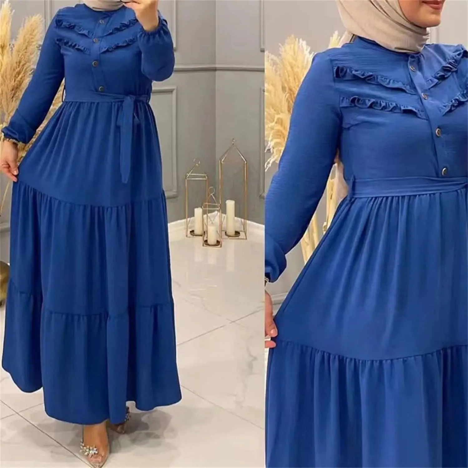 Kaftan Dresses for Women Button Up Long Maxi Dress with Belt Ramadan Abaya Long Gown Long Sleeve Pakistani Clothes