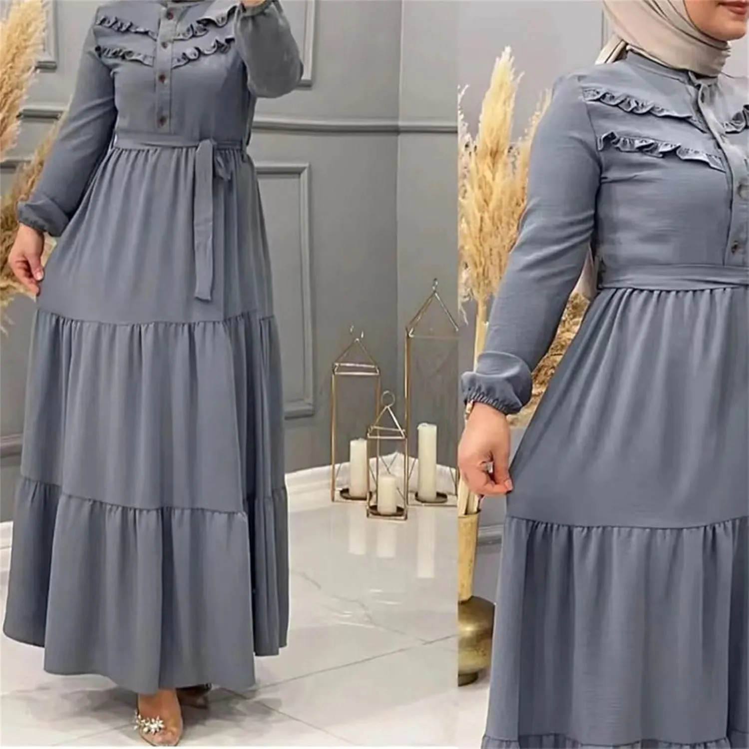 Kaftan Dresses for Women Button Up Long Maxi Dress with Belt Ramadan Abaya Long Gown Long Sleeve Pakistani Clothes