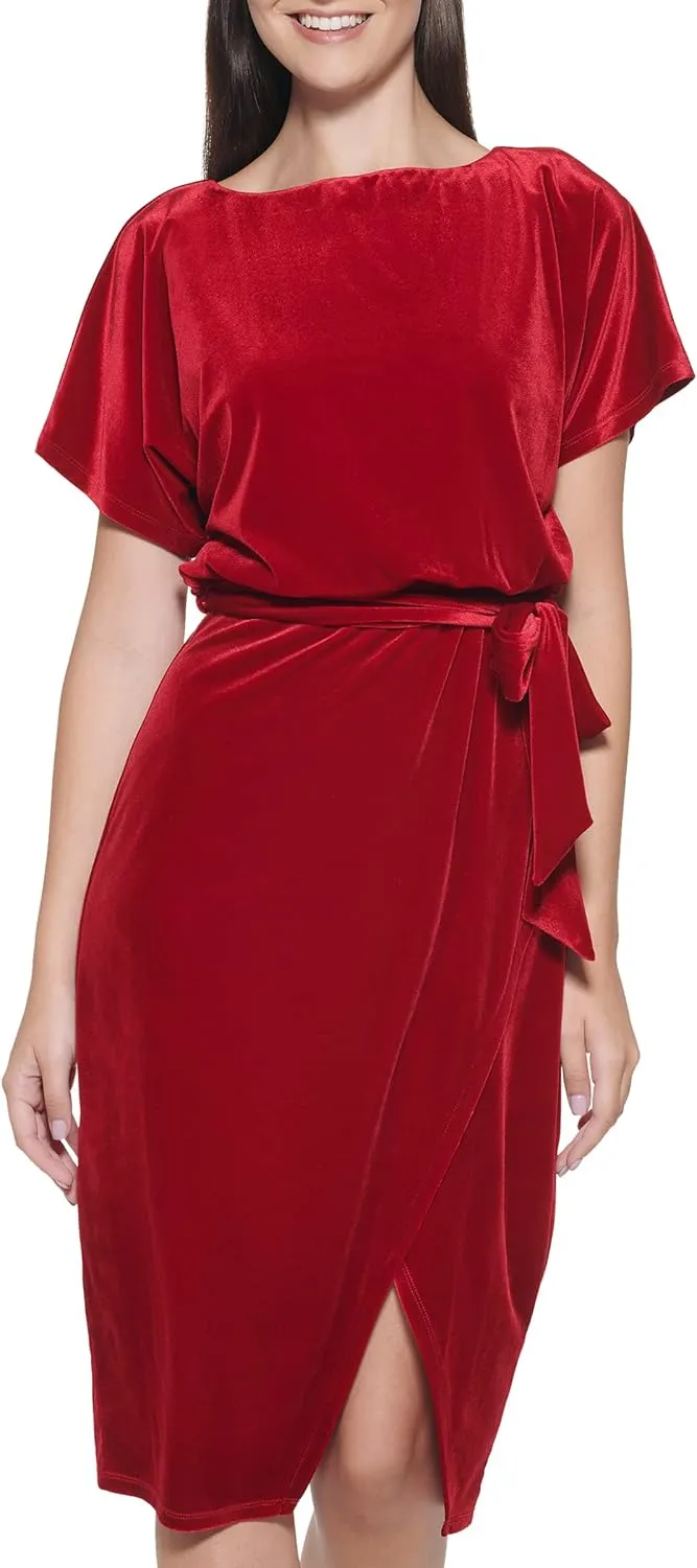 kensie Women's Short Sleeve Tie Waist Midi Dress