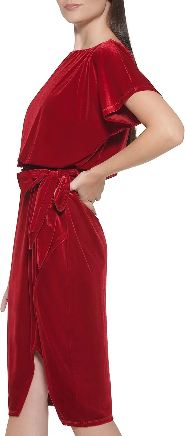 kensie Women's Short Sleeve Tie Waist Midi Dress