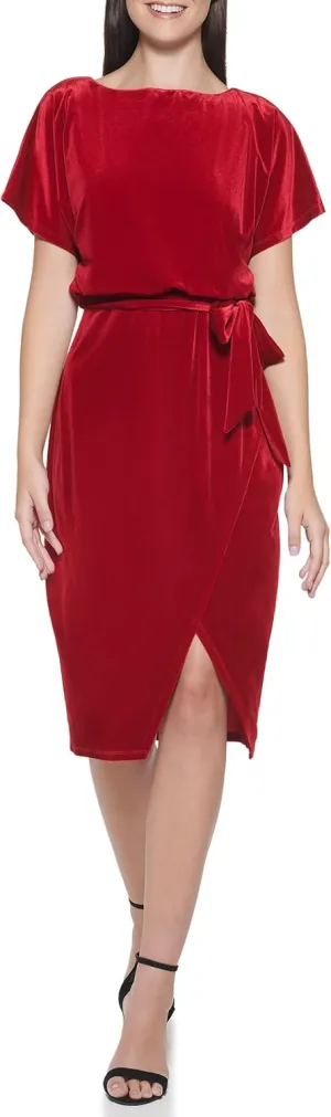 kensie Women's Short Sleeve Tie Waist Midi Dress