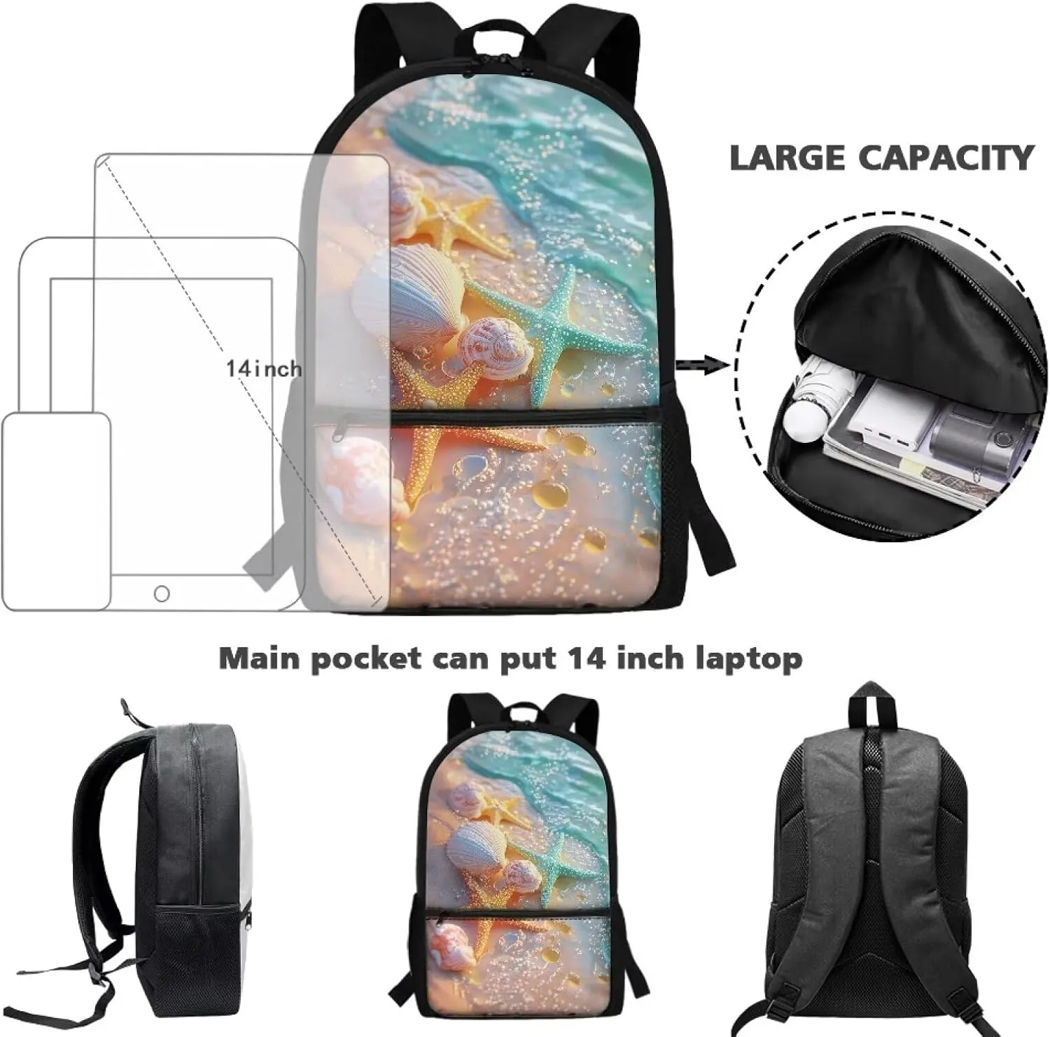 Kids Backpack for Girls Beach Sand Shell Starfish Bookbags Kindergarten Elementary School Bags Age 6-18