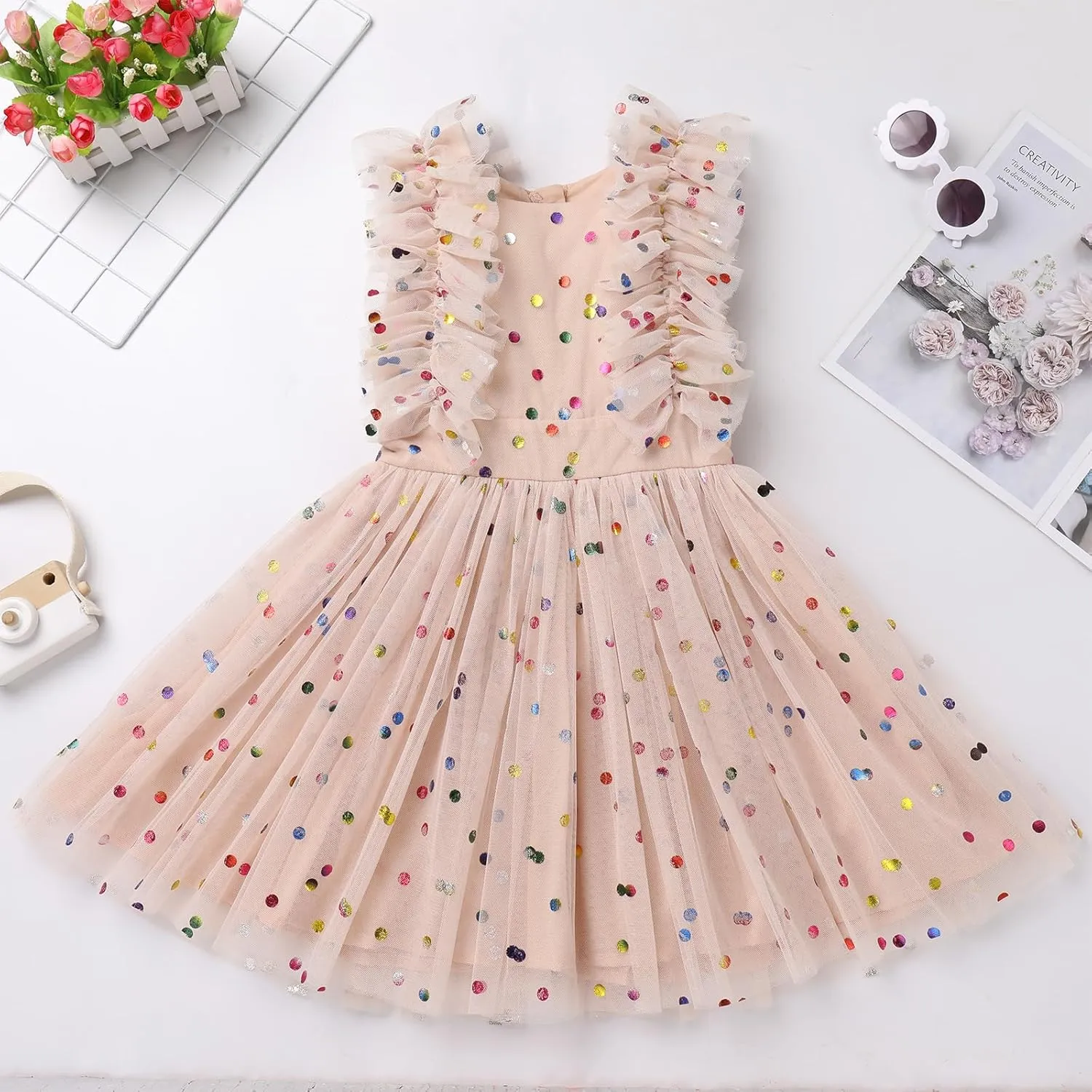Kids Girls Confetti Birthday Princess Dress Ruffle Sleeve Boho Cake Smash Photo Shoot Outfit 3-10T