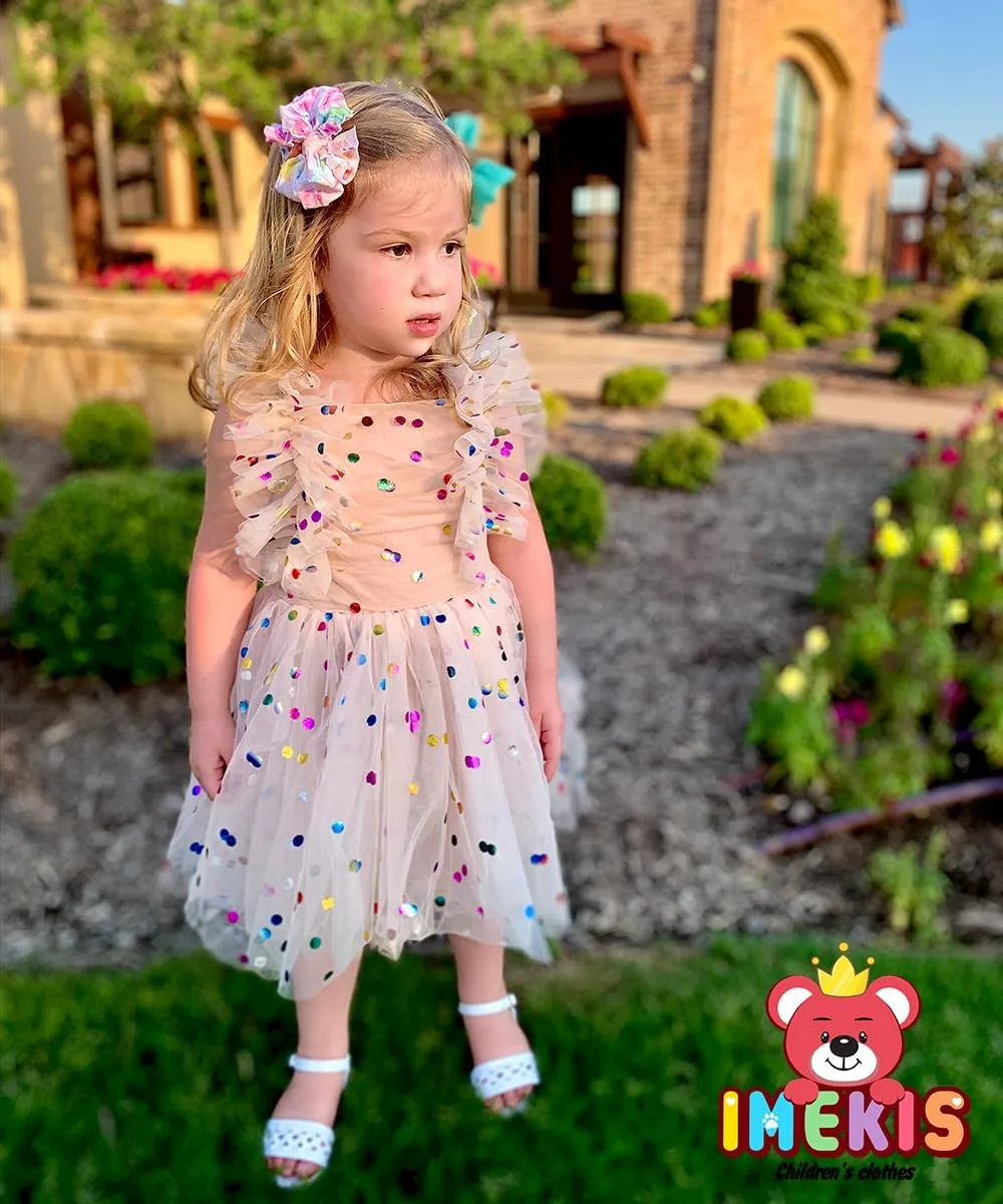 Kids Girls Confetti Birthday Princess Dress Ruffle Sleeve Boho Cake Smash Photo Shoot Outfit 3-10T