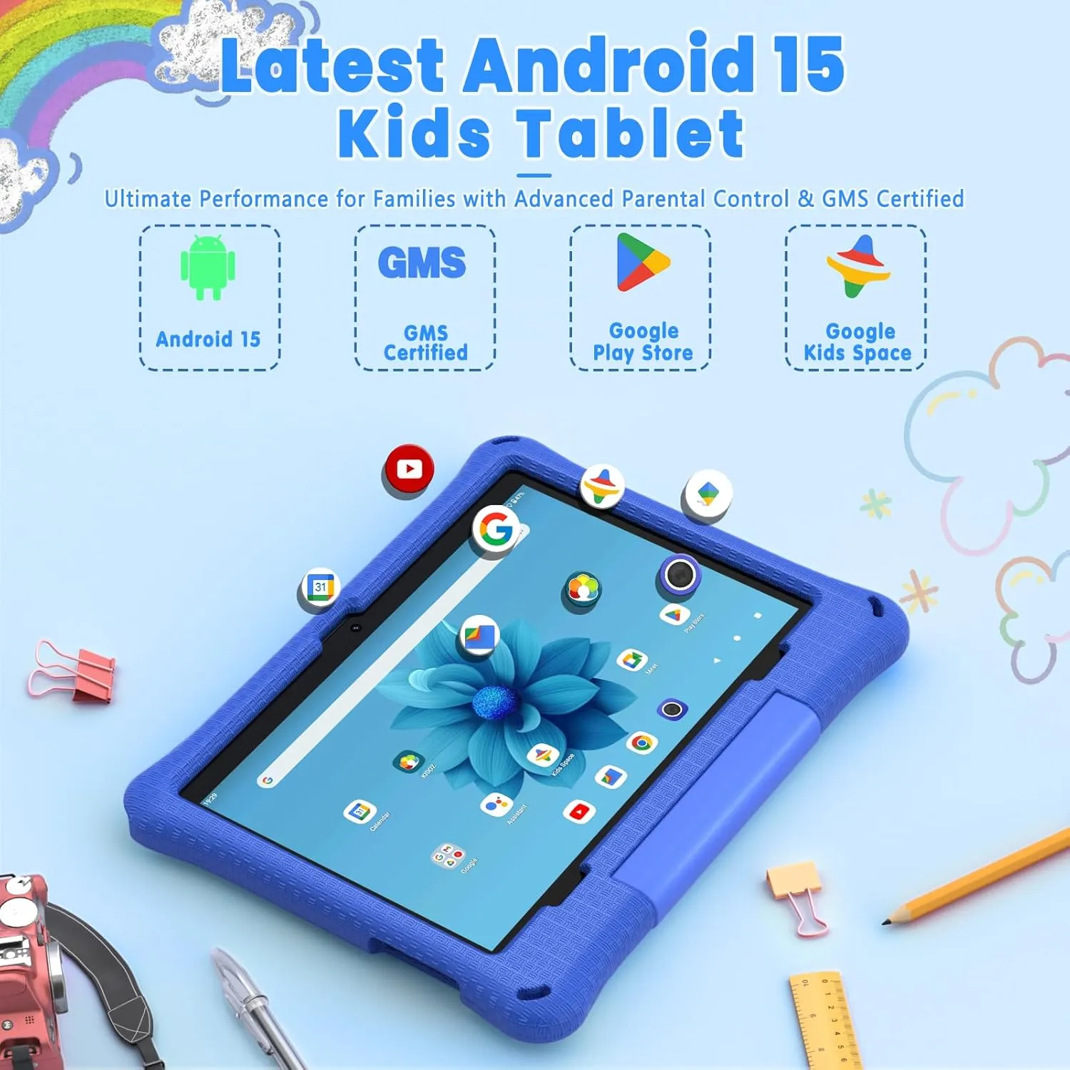 Kids Tablet, 10.1 Inch Android 15 Tablet for Kids, 12GB 64GB, Octa-Core, 6000mAh Battery, WiFi 6, Pre-Installed Kids Apps, Parental Control, with EVA Protective Case – Ideal Gift for Toddler (Blue)