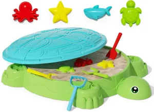 Kids Turtle Sandbox with Lid, Sand Box Toys with Cover for Toddlers 3-5, 8 PCS Sand Toys Set, Summer Beach Outdoor Indoor Toy Playset Gift for Girls Boys 3 4 5 6