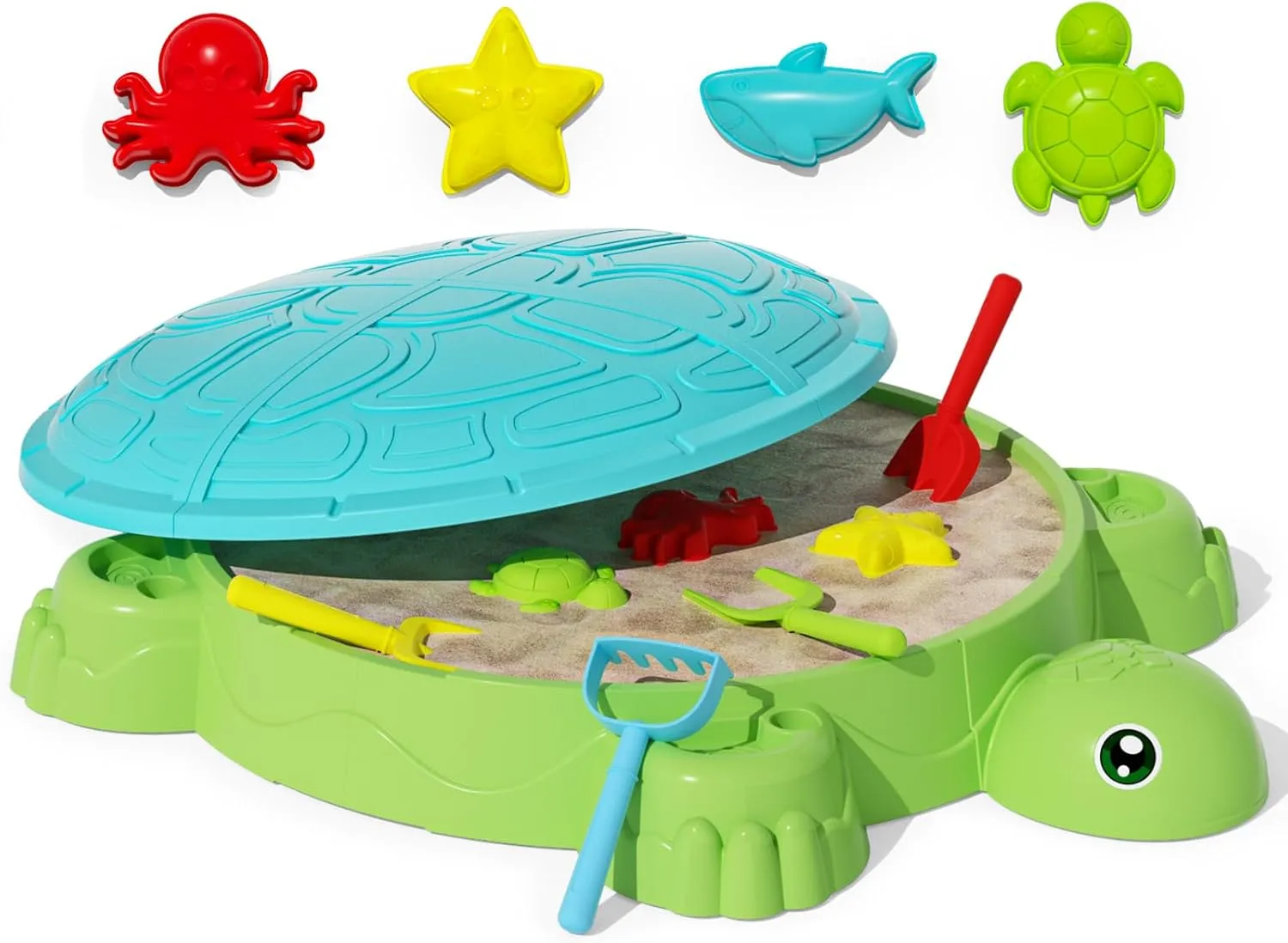 Kids Turtle Sandbox with Lid, Sand Box Toys with Cover for Toddlers 3-5, 8 PCS Sand Toys Set, Summer Beach Outdoor Indoor Toy Playset Gift for Girls Boys 3 4 5 6