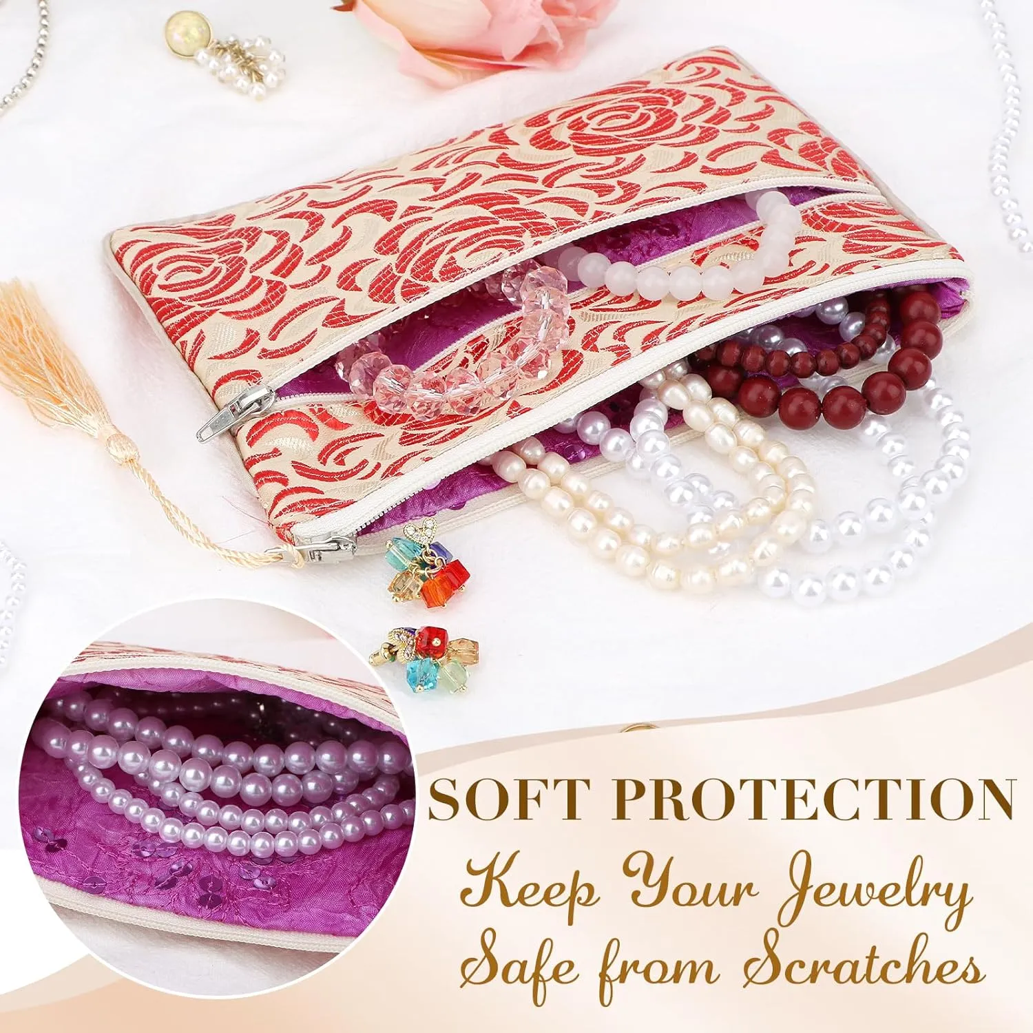 kilofly 2 pc Chinese Silk Brocade 2 Zipper Pocket Tassel Jewelry Bag Gift Pouch set2 D