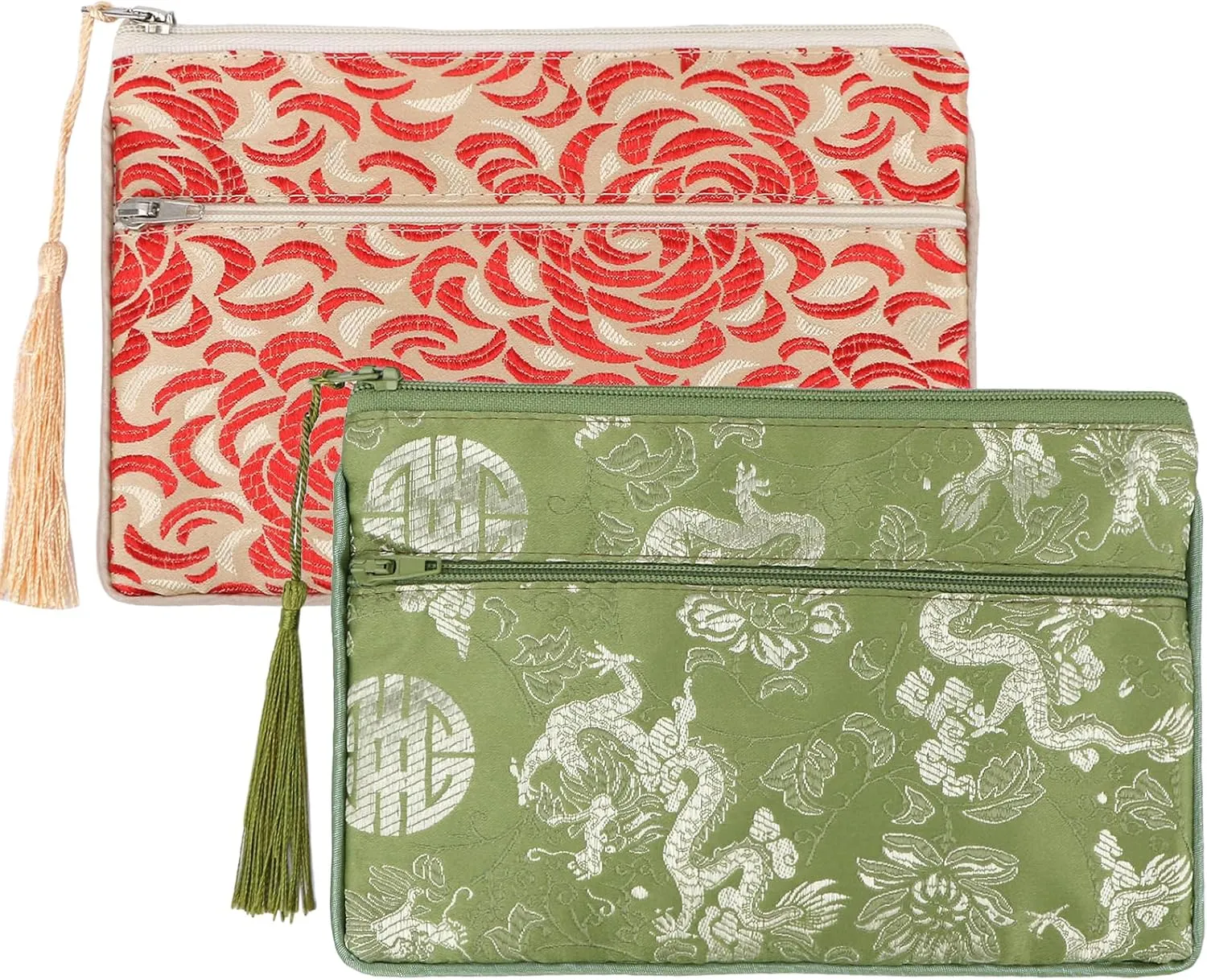 kilofly 2 pc Chinese Silk Brocade 2 Zipper Pocket Tassel Jewelry Bag Gift Pouch set2 D