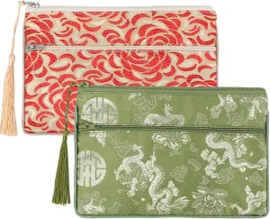 kilofly 2 pc Chinese Silk Brocade 2 Zipper Pocket Tassel Jewelry Bag Gift Pouch set2 D