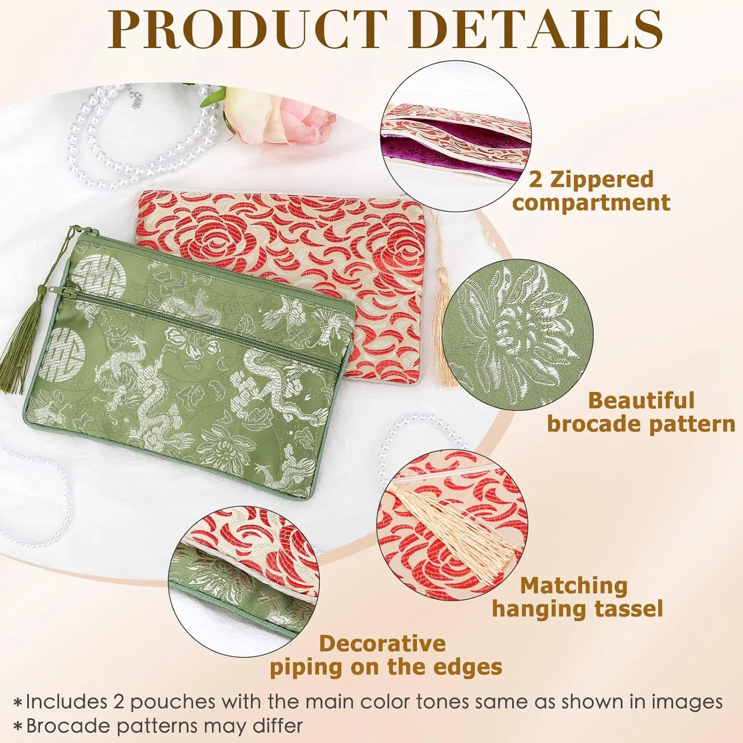 kilofly 2 pc Chinese Silk Brocade 2 Zipper Pocket Tassel Jewelry Bag Gift Pouch set2 D