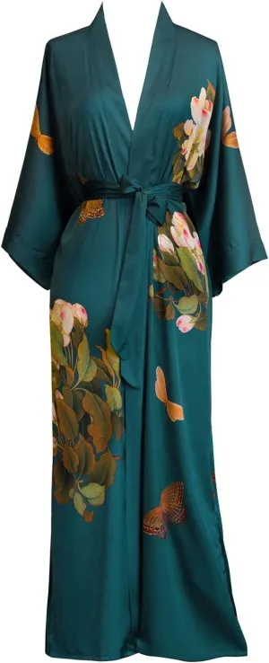 KIM ONO Women's Charmeuse Kimono Robe Long - Watercolor Floral