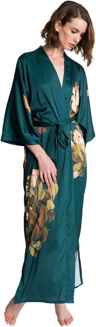 KIM ONO Women's Charmeuse Kimono Robe Long - Watercolor Floral