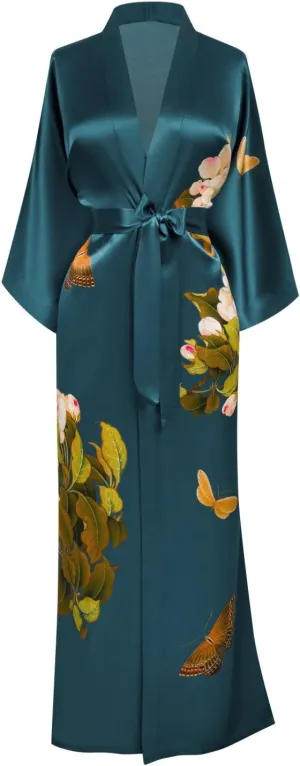 KIM ONO Women's Washable Silk Kimono Robe Long - Floral Print