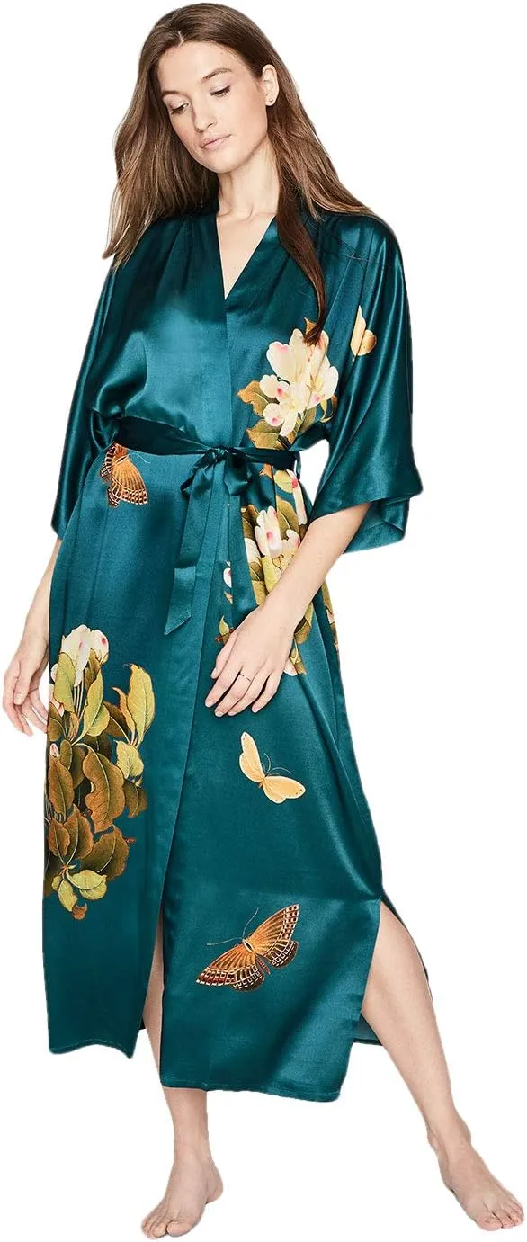 KIM ONO Women's Washable Silk Kimono Robe Long - Floral Print