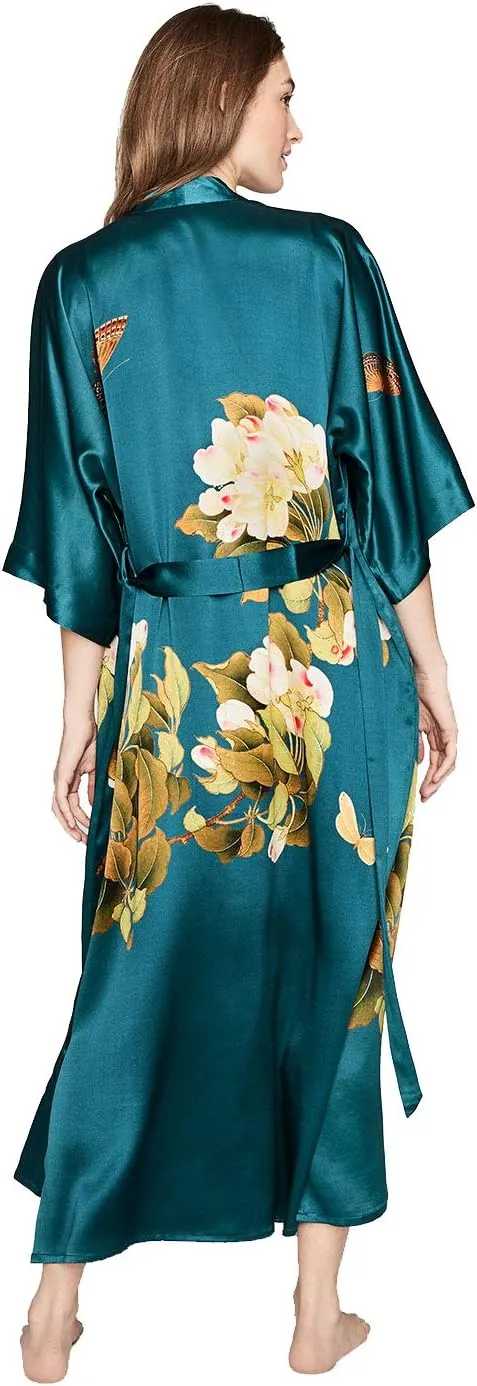 KIM ONO Women's Washable Silk Kimono Robe Long - Floral Print
