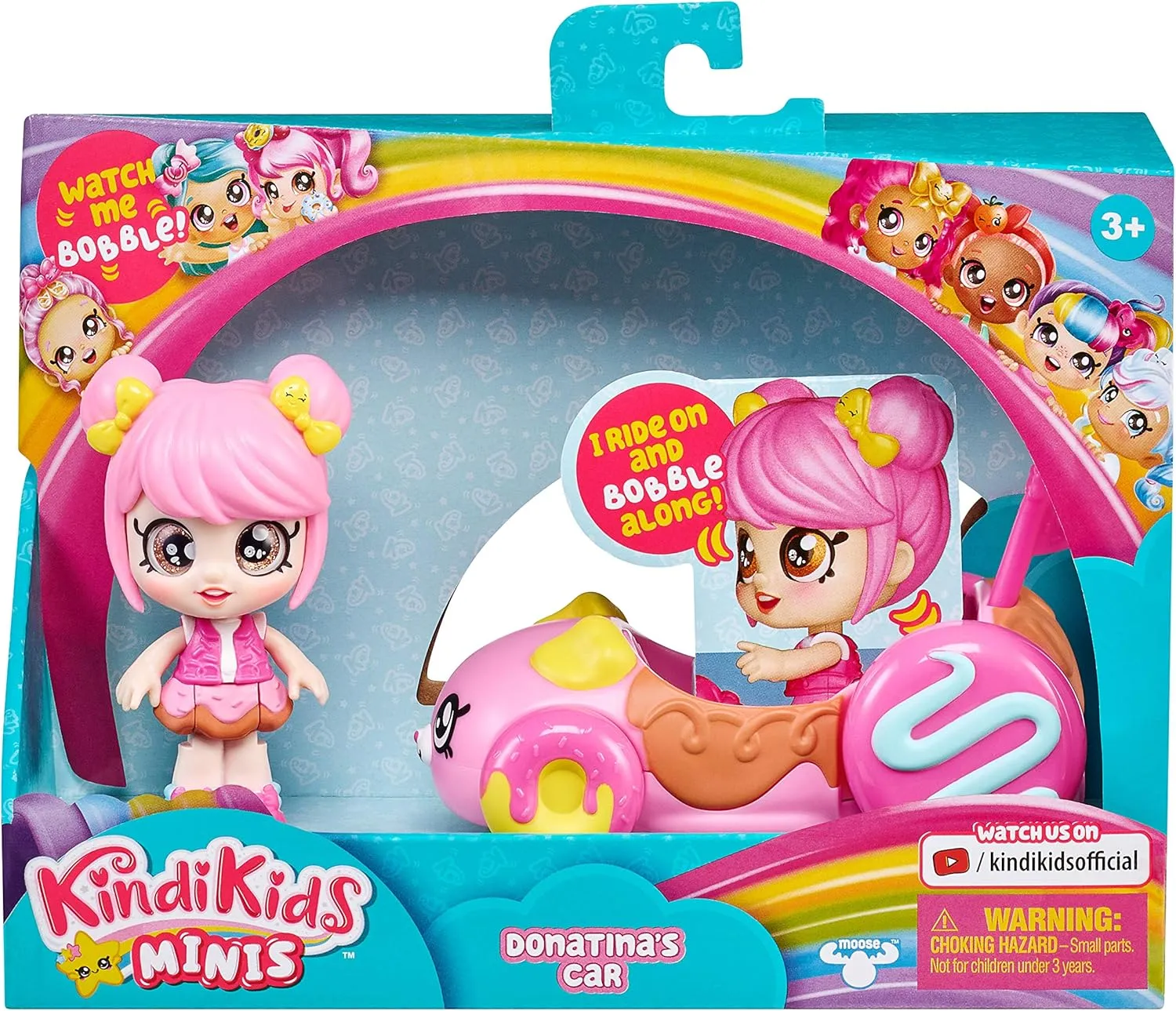 Kindi Kids Minis - Donatina's Car- Collectible Vehicle and Posable Bobble Head Figurine 2pc