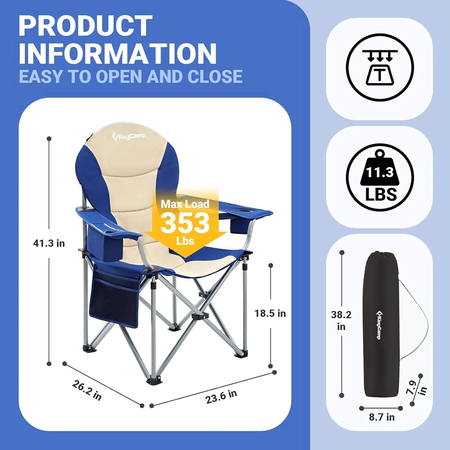 KingCamp Lumbar Support Camping Chairs with Cooler Bag Padded Folding Camping Chair for Adults with Adjustable Armrest Foldable Camp Chair Cup Holder Side and Head Pocket for Picnic Fishing,Max 353lbs