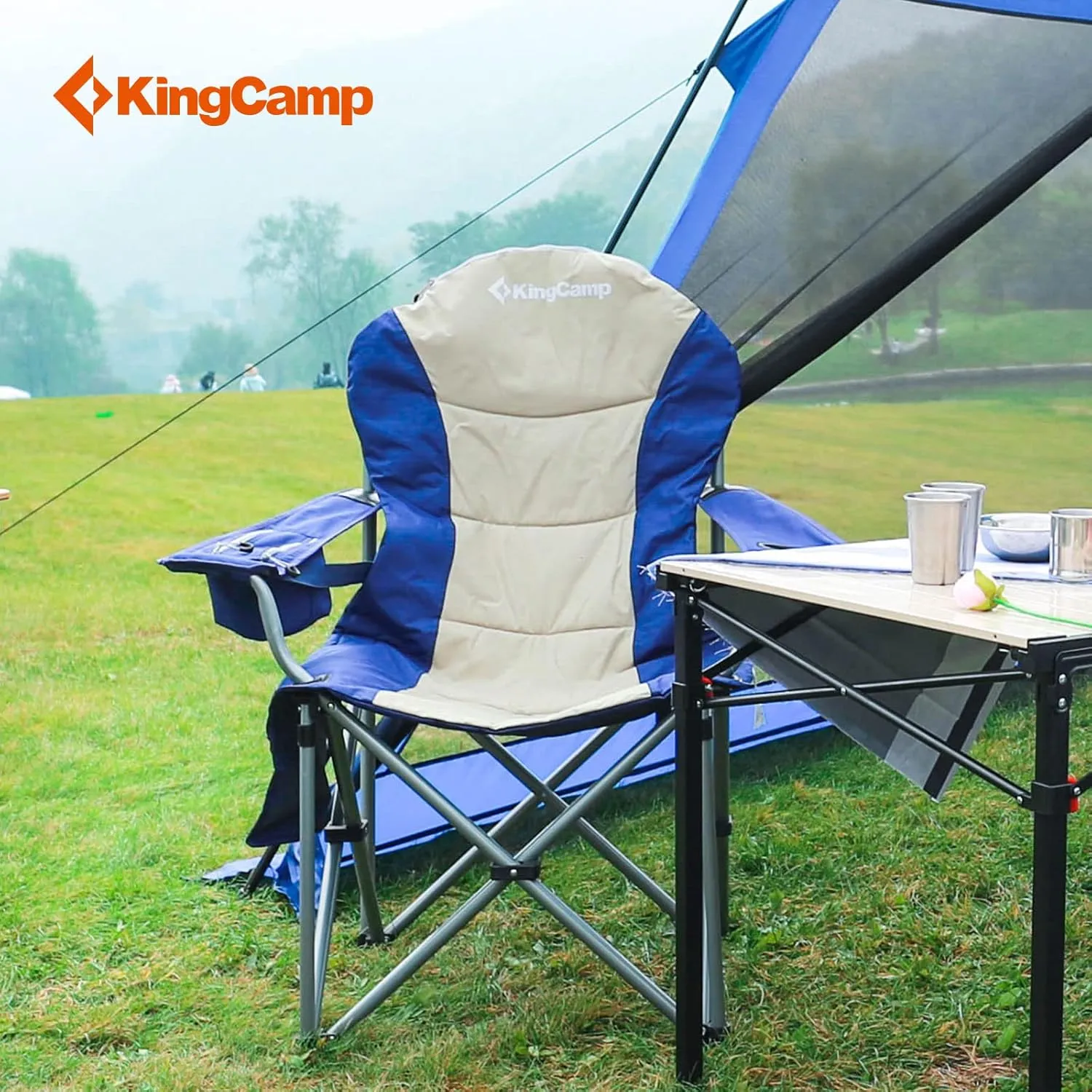 KingCamp Lumbar Support Camping Chairs with Cooler Bag Padded Folding Camping Chair for Adults with Adjustable Armrest Foldable Camp Chair Cup Holder Side and Head Pocket for Picnic Fishing,Max 353lbs