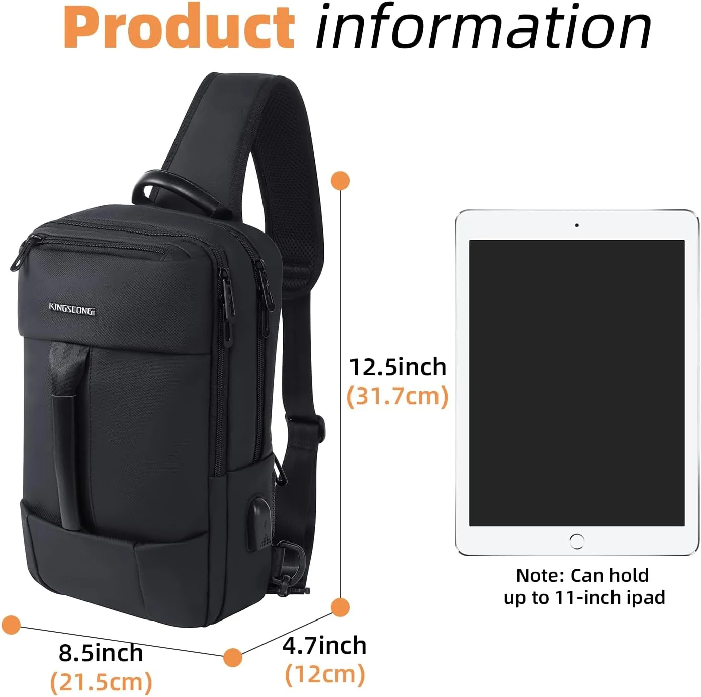 KINGSLONG 14-16 inch Sling Bag for Men,Black Crossbody Bag with USB Charging Port Fits 10.2inch iPad, Casual Daypack
