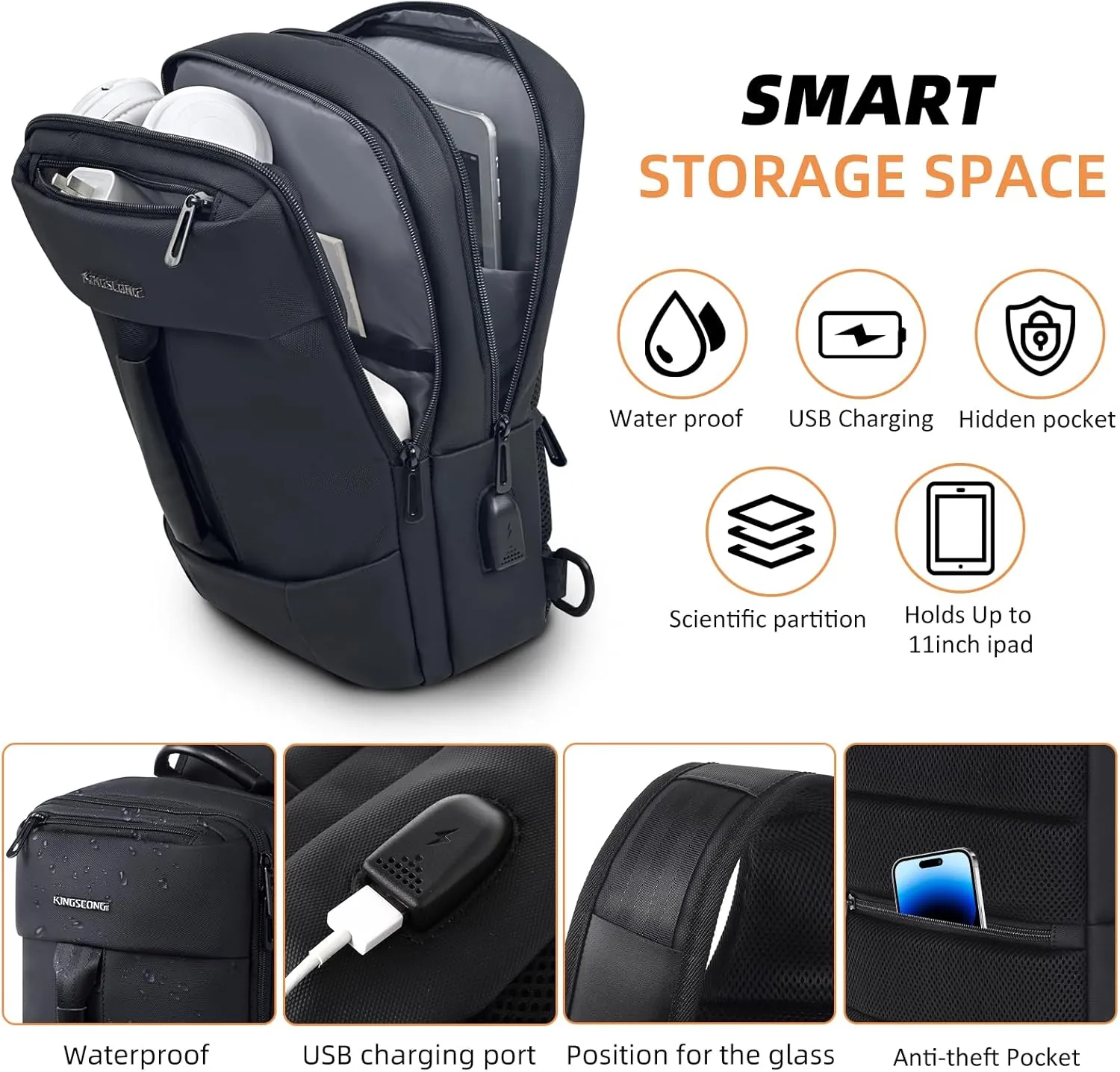 KINGSLONG 14-16 inch Sling Bag for Men,Black Crossbody Bag with USB Charging Port Fits 10.2inch iPad, Casual Daypack