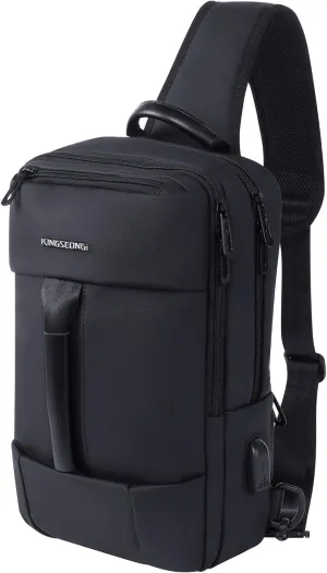 KINGSLONG 14-16 inch Sling Bag for Men,Black Crossbody Bag with USB Charging Port Fits 10.2inch iPad, Casual Daypack