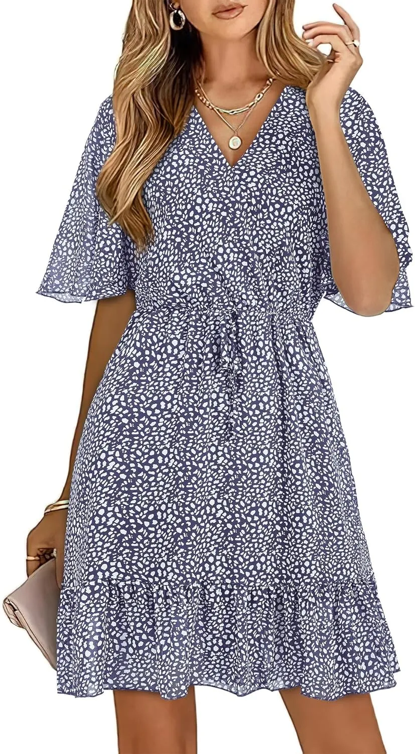 KIRUNDO Women's Summer Dresses 2025 Casual Short Sleeve V Neck Ruffle Floral Print High Waist Flowy Mini Dress with Belt