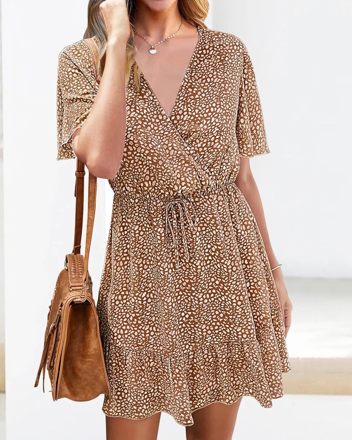 KIRUNDO Women's Summer Dresses 2025 Casual Short Sleeve V Neck Ruffle Floral Print High Waist Flowy Mini Dress with Belt