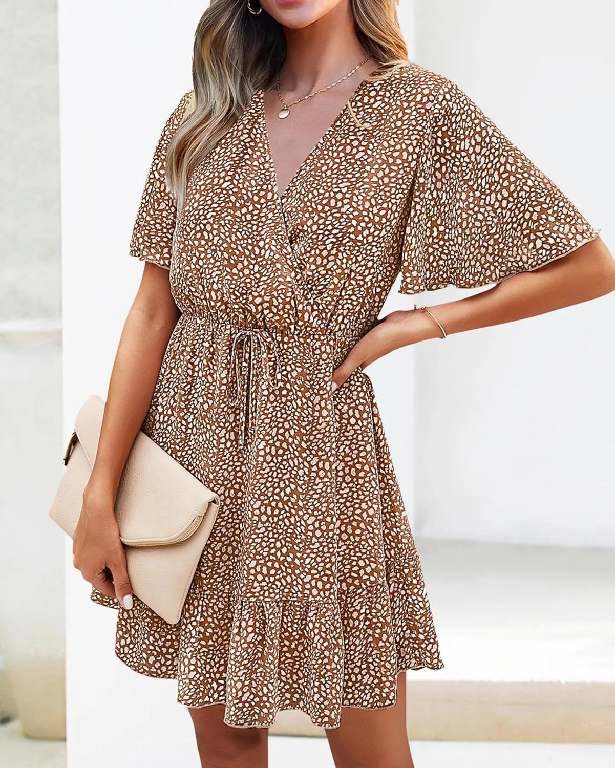 KIRUNDO Women's Summer Dresses 2025 Casual Short Sleeve V Neck Ruffle Floral Print High Waist Flowy Mini Dress with Belt