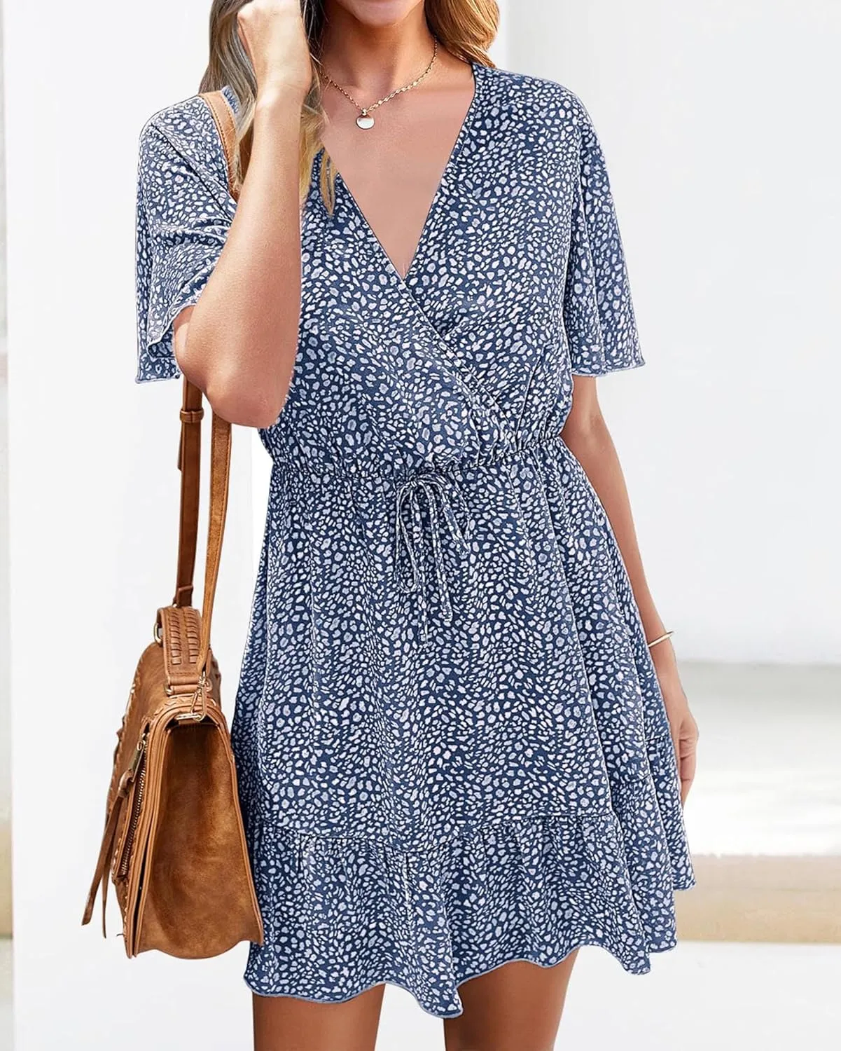 KIRUNDO Women's Summer Dresses 2025 Casual Short Sleeve V Neck Ruffle Floral Print High Waist Flowy Mini Dress with Belt