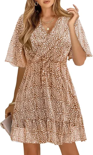 KIRUNDO Women's Summer Dresses 2025 Casual Short Sleeve V Neck Ruffle Floral Print High Waist Flowy Mini Dress with Belt