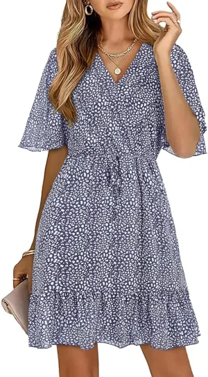 KIRUNDO Women's Summer Dresses 2025 Casual Short Sleeve V Neck Ruffle Floral Print High Waist Flowy Mini Dress with Belt