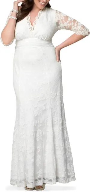 Kiyonna Women's Plus Size Amour Long Lace Wedding Gown, Bridal Dress with 3/4 Long Sleeves in Ivory Vintage-Inspired Lace