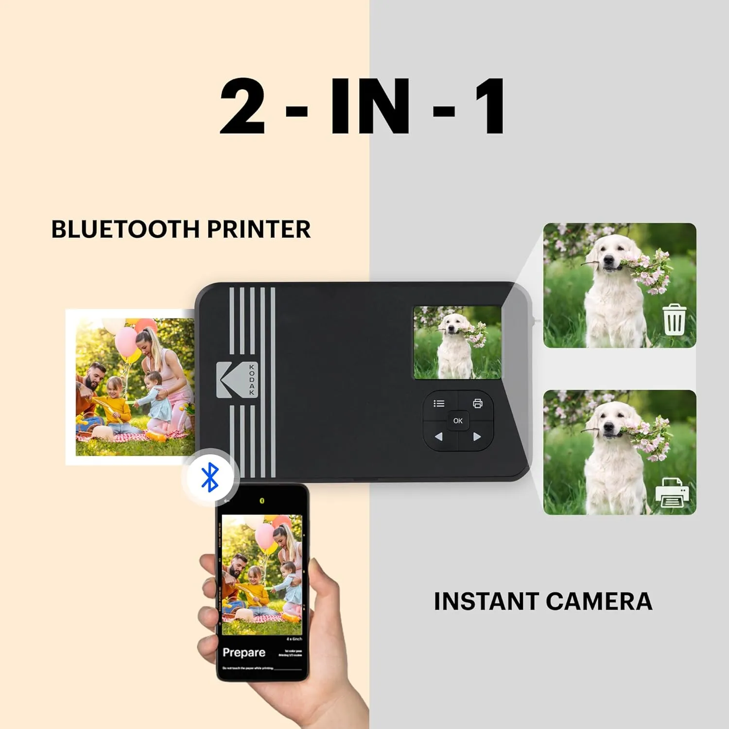 KODAK Mini Shot 2 Retro 4PASS 2-in-1 Instant Digital Camera and Photo Printer (2.1x3.4 inches) Initial 8 Sheets   60 Sheets Bundle, White