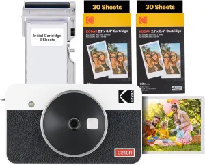 KODAK Mini Shot 2 Retro 4PASS 2-in-1 Instant Digital Camera and Photo Printer (2.1x3.4 inches) Initial 8 Sheets   60 Sheets Bundle, White