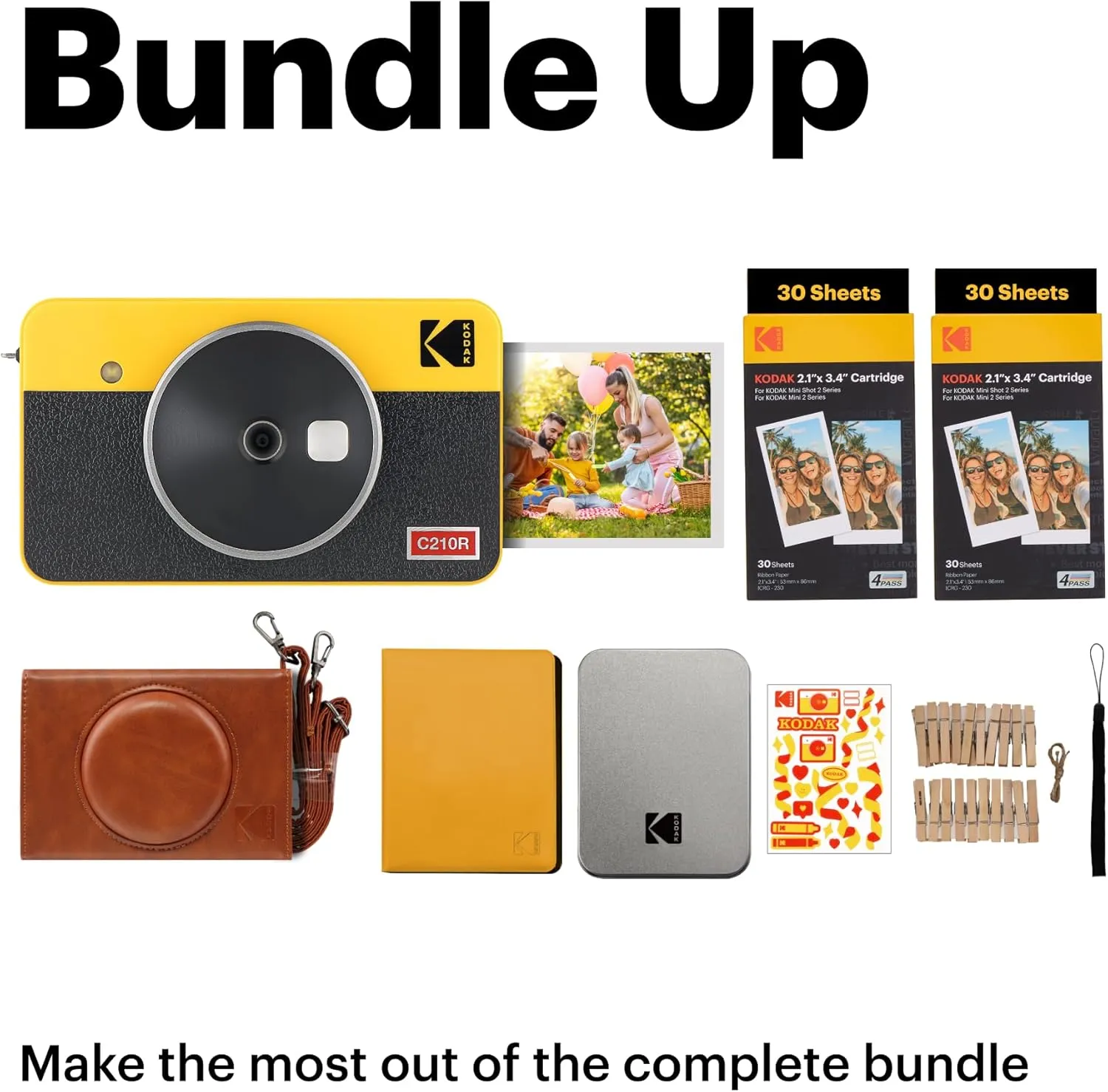 KODAK Mini Shot 2 Retro 4PASS 2-in-1 Instant Digital Camera and Photo Printer (2.1x3.4 inches) Initial 8 Sheets   60 Sheets Bundle, White