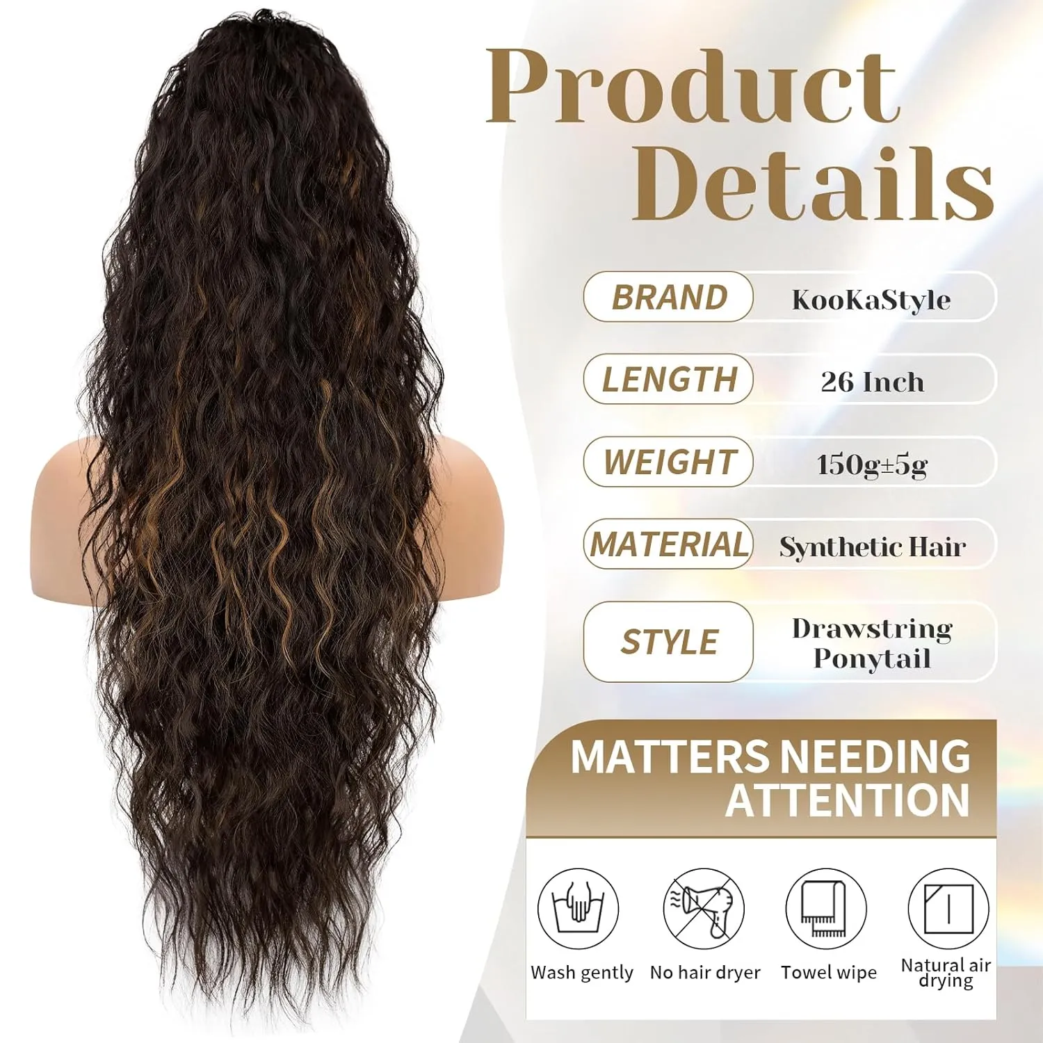 KooKaStyle Ponytail Extension 30 Inch Drawstring Pony Tails Hair Extensions for Women Long Curly Ponytail Synthetic Hairpieces for Daily Use（Brown with Blonde Highlights）