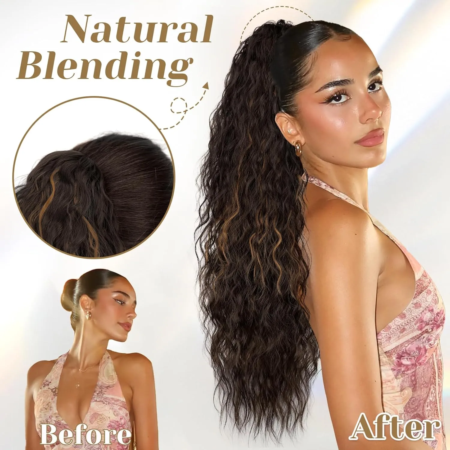 KooKaStyle Ponytail Extension 30 Inch Drawstring Pony Tails Hair Extensions for Women Long Curly Ponytail Synthetic Hairpieces for Daily Use（Brown with Blonde Highlights）